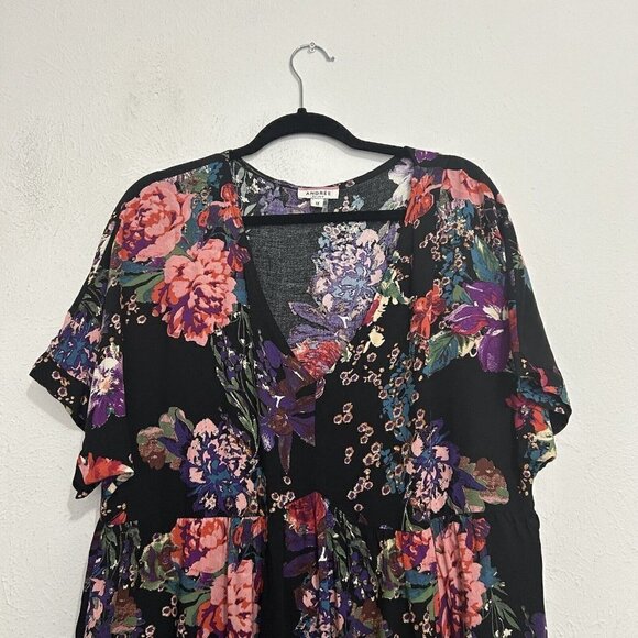 Andree By Unit Black Pink Floral Babydoll Dress Size 1X Short Sleeve V Neck - Picture 4 of 11